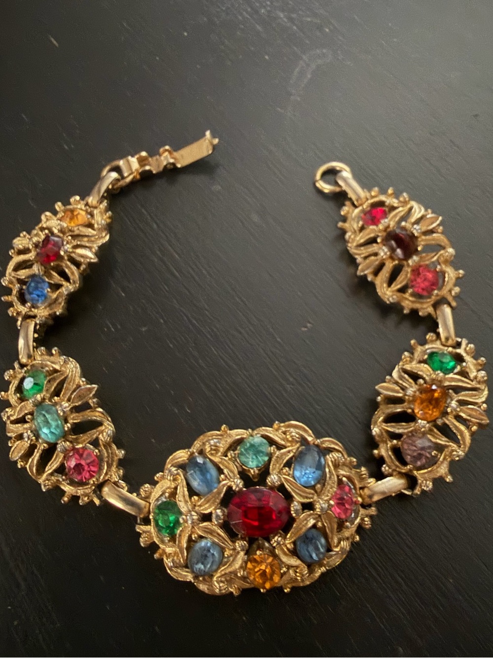 Gold-Tone Multicolor Gemstone Bracelet - Red, Blue, Green, Pink, Amber